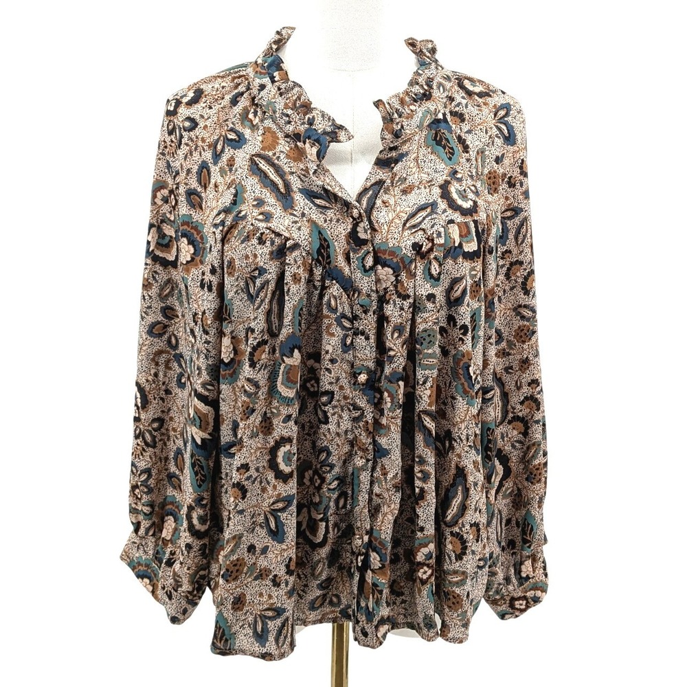 EverEve Floral Blouse Womens XL Ruffle Neck Boho Paisley Long Sleeve Flowy